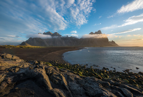 Исландия, Горы, Камни, Небо, Vestrahorn, Облака, Природа