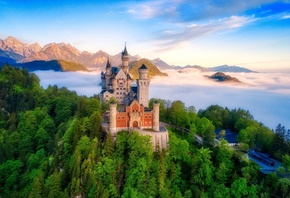 пейзаж, природа, замок, горы, Германия, Бавария, леса, Нойшванштайн, облака