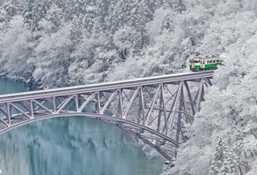 зима, мост, поезд