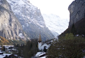 Швейцария, Зима, Церковь, Lauterbrunnen, Canton, Bern, Interlaken, County С ...