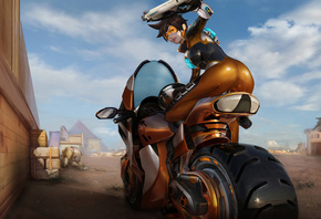 tracer, overwatch, game, girl, anime, brunette, motorcycle