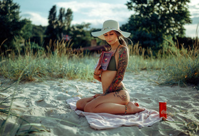 women, hat, bikini, brunette, women outdoors, books, tattoo, sand, sky, Coca-Cola, towel, belly