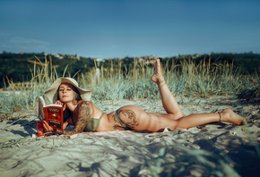 women, hat, bikini, brunette, women outdoors, books, tattoo, sand, sky, ass ...