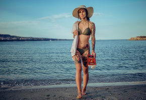 women, hat, bikini, brunette, women outdoors, books, tattoo, sand, sky, sea ...