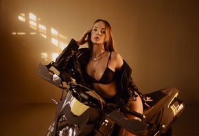 women, wall, motorcycle, black lingerie, necklace, women indoors, black jac ...