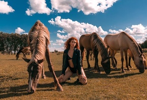 women, redhead, kneeling, grass, black lingerie, see-through lingerie, hors ...