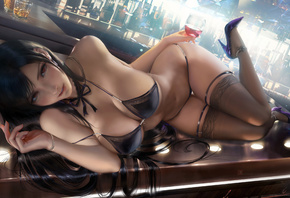 tifa, final fantasy, game girl, brunette, bikini, bra, panties, bar, anime, boobs, high heels