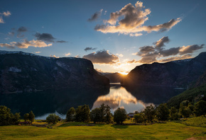Норвегия, Горы, Вечер, Небо, Aurlandsvangen, fjord, Облака, Природа