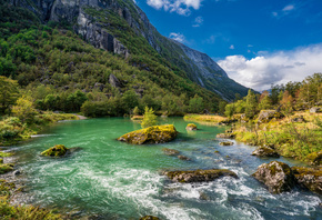 Норвегия, Горы, Река, Камни, Folgefonna, National Park, Деревья, Природа