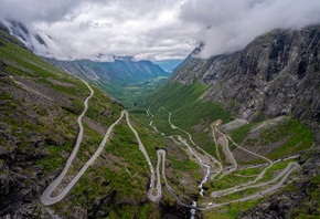 Норвегия, Горы, Дороги, Trollstigen, Облака, Сверху, Природа
