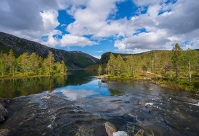 Норвегия, Горы, Rago, National Park, Облака, Деревья, Природа