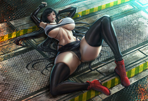 tifa, final fantasy, game girl, brunette, bra, panties, anime, boobs, boots, tifa lockhart, miniskirt, stockings