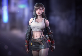 tifa, final fantasy, game girl, brunette, anime, boobs, boots, tifa lockhart, miniskirt, stockings, city, belly, gloves, Brown eyes