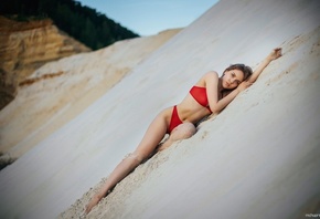 women, Maksim Chuprin, sand, red lingerie, women outdoors, belly