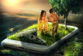 смартфон, дети, трава, дерево, фотомонтаж