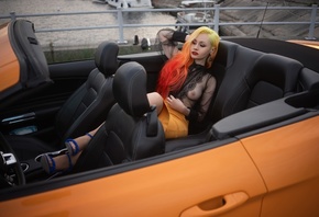 women, sitting, car, high heels, dyed hair, boobs, nipples, skirt, women ou ...