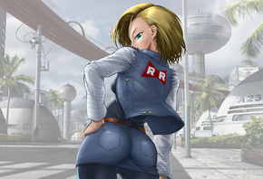 android number 18, Red patrol, dragon ball z, blonde, ass, denim skirt, city, anime girl, blue eyes, jacket, denim jacket