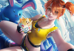 misty, pokemon, anime girl, beach, redhead, jeans shorts, animals, art, cartoon, illustration