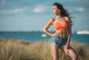 Eliza rose watson, beach, sunglasses, denim shorts, sea, grass, brunette, brunette girl, wind, air, beautiful girl, boobs