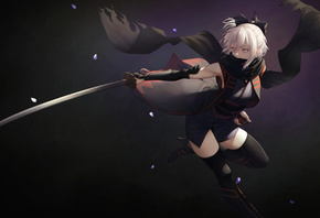 fate grand order, anime girl, blonde, flowers, sword, katana, kimono, yello ...