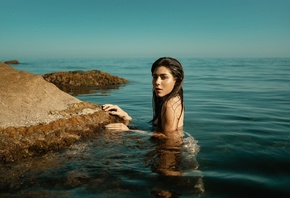 women, sea, black bikini, water, women outdoors, rocks, wet hair, wet body, ...