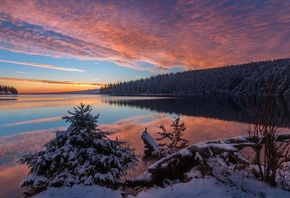 Озеро, Сервьер-Пти-Сапен, закат, зима, лес, деревья, природа, отражение, пе ...