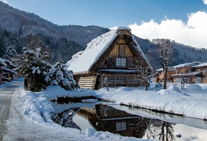 Japan, зима, снег, сугробы, домики