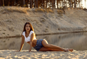 women, Roma Chernotitckiy, brunette, sand, jean shorts, women outdoors, und ...