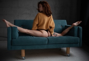 women, black panties, couch, women indoors, tattoo, ass, sweater, flexible, closed eyes, back, wall, redhead