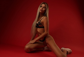 women, blonde, straight hair, sneakers, red background, studio, lingerie, long hair, belly, kneeling, ribs, skinny, brunette