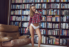 may contain girl, blonde, bookcase, panties, white panties, blue eyes, plaid shirt, hips, blue eyes, ass