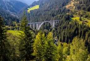 Швейцария, Горы, Мост, Graubunden, Альпы, Деревья, Природа