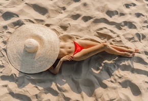 women, top view, hat, red bikini, sand covered, belly, women outdoors, lyin ...