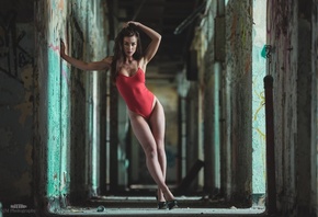 eliza rose watson, brunette, leotard, monokinis, red leotard, alone, curvy, high heels, shoes, makeup, model, black hair, hips, boobs, ass
