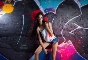 Sergey Pak, brunette, jean shorts, graffiti, model, women, women outdoors, blouse, black hair, long hair