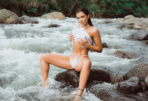 women, sitting, rocks, river, women outdoors, wet body, wet hair, spread legs, belly, brunette, tattoo, hands on boobs