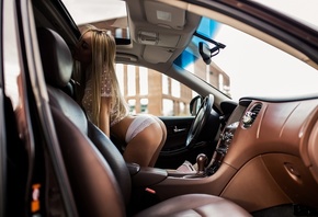 Infiniti EX35, blonde, model, black car, street, city, lingerie, sneakers, white panties, ass, blouse