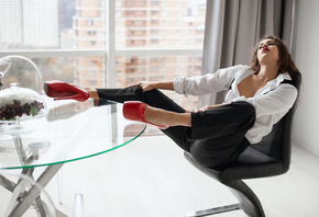 model, brunette, pants, Red shoes, high heels, office, chair, suspenders, w ...