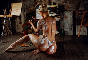 women, ass, white panties, wooden floor, hairbun, brush, topless, back, body paint, boobs, sitting, picture, women indoors, easel