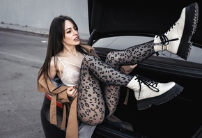 women, white bra, car, pantyhose, animal print, red nails, shoes, sitting,  ...