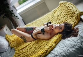 Maksim Chuprin, model, brunette, in bed, bed, window, lingerie, black panti ...