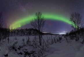 зима, река, ночью, северное сияние, фотограф, Андрей Олонцев