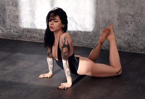 women, ass, tattoo, black nails, eyeliner, wall, on the floor, bodysuit, black hair, arched back, women indoors