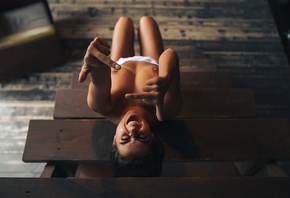 Svetlana Ivanova, women, model, brunette, topless, boobs, wooden stairs, le ...