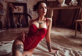 women, sitting, red lingerie, table, bust, red lipstick, easel, tattoo, painted nails, women indoors, chair, curtain, zipper