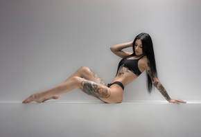 women, sitting, tattoo, belly, long hair, Calvin Klein, studio, black linge ...