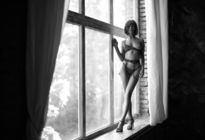 Alex Nemalevich, Marta Gromova, women, model, monochrome, in window, open b ...