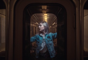 Eva Elfie, women, model, blonde, subway, t-shirt, jeans, denim jackets, glasses