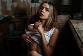 women, portrait, dyed hair, tattoo, cigarettes, brunette, sitting, chair, red lipstick, women indoors, tank top