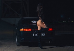 women, model, brunette, red panties, red bra, red panties, fishnet bodysuit, Toyota Tourer V, black car, knee-high boots, ass, night, women outdoors